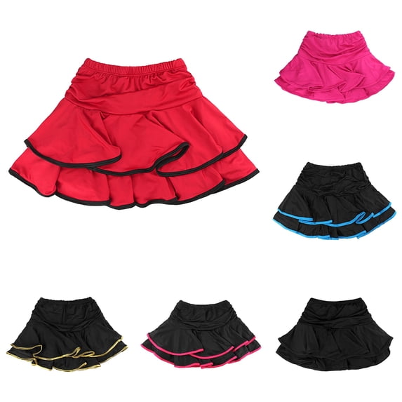 SGMVNU Girl's Dance Skirt Latin Ballroom Tango Skorts Practice Dress Wear Ruffles Mini Skirts with Built in Boyshorts, Red, Size 3-4 Years
