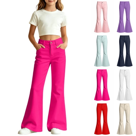 SGMVNU Girl's Flare Leg School Uniforms Dress Pants High Waist Casual Trousers with Pockets Girls Fashion, Size 13-14 Years, qp1-Hot Pink