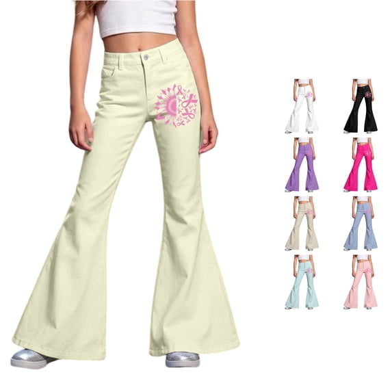 SGMVNU Girl's Flare Leg School Uniforms Dress Pants High Waist Casual Trousers with Pockets Girls Fashion, Size 15-16 Years, Light Yellow