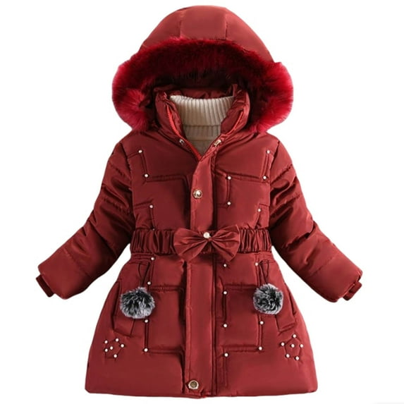 SGMVNU Girl's Long Winter Warm Coats Hooded Parka Fleece Lined Puffer Ski Jacket Coat Outerwear with Elastic Waist Belt and Pockets(Size 3-4 Years,Red)