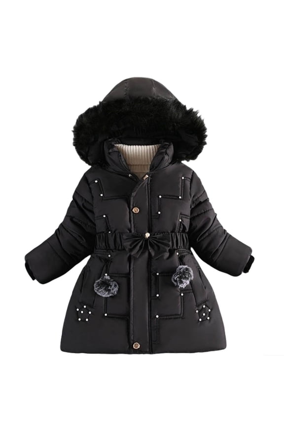 Girl's Long Winter Warm Coats Hooded Parka Lined Puffer Ski Jacket Coat Outerwear with Elastic Waist Belt and Pockets(Size 6-7 Years,Black)