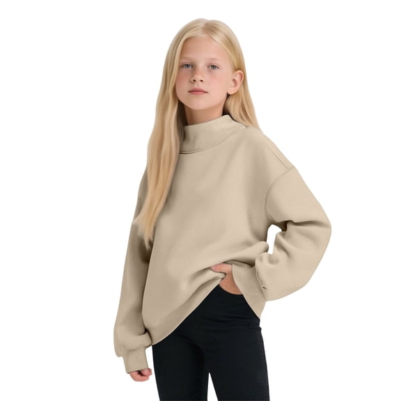 SGMVNU Girl's Neck Sweatshirt Oversized Pullover Sweatshirts No Hood Long Sleeve Turtleneck Tops Fall Winter Clothes, Size 5-6 Years, Beige