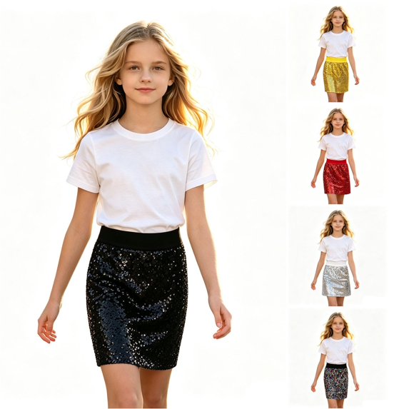 SGMVNU Girl's Sequins Skirts Sparkly Shiny Straight Fit Short Skirt with Elastic Waistband Performance Party Outfit, Black, One Size