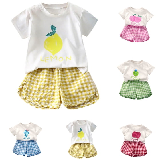 SGMVNU Girl's Summer 2 Piece Outfits Cute Fruit Print Short Sleeve Top with Matching Plaid Shorts Baby Toddler Girls Play Set, Size 4-5 Years, Yellow