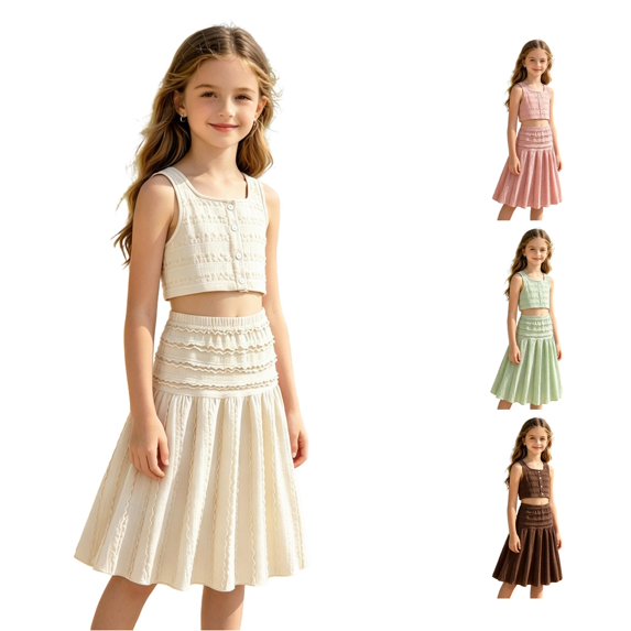SGMVNU Girl's Summer 2 Piece Ruffle Skirt Set Button Crop Tank High Waist A Line Midi Dress Matching Travel Outfits, Size 7-8 Years, White