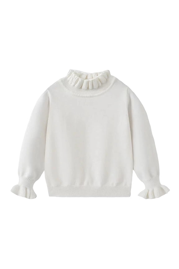 Girl's Turtleneck Long Sleeve Sweater with Ruffle Trim Neck and Casual Drop Shoulder Pullover Knitwear Tops(Size 4-5 Years,White)
