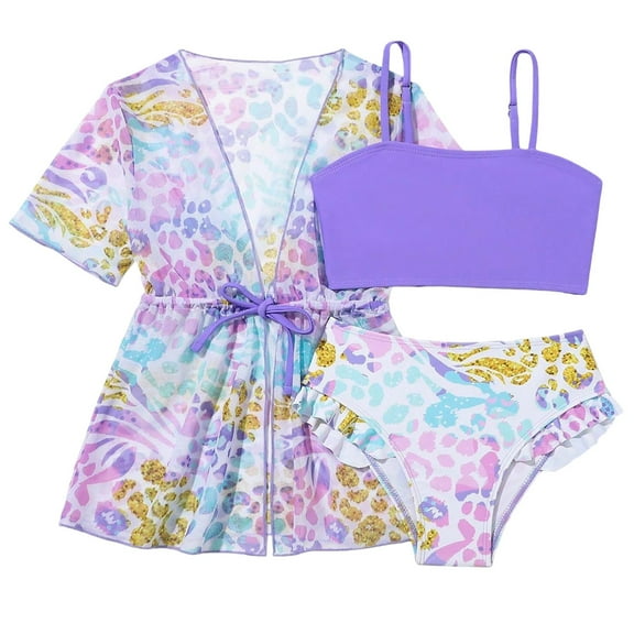 SGMVNU Girl's Two Piece Swimsuit with Kimono Cover up Girls Swimsuits 10-12 Summer Beach Wear 3 Piece Swimwear Set Floral Print Bathing Suit, Size 4-5 Years, E-Purple
