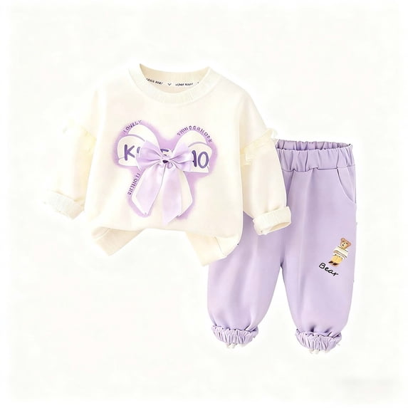 SGMVNU Girls 2 Piece Clothes Toddler Fall Winter Outfit Ruffles Crewneck Bow Pullover Sweatshirt with Joggers Pants Set(Size 1-2 Years, Purple)