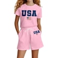 thumbnail image 1 of SGMVNU Girls 2 Piece Summer Outfits Casual Short Sleeve Graphic Tee Matching Drawstring Shorts Set Tracksuits Size 13-14 Years Pink, 1 of 4
