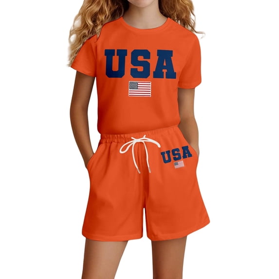 SGMVNU Girls 2 Piece Summer Outfits Casual Short Sleeve Graphic Tee Matching Drawstring Shorts Set Tracksuits Size 9-10 Years Orange