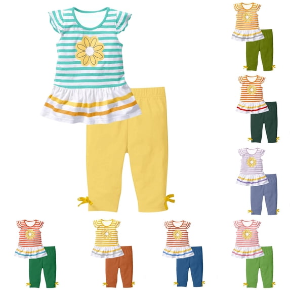 SGMVNU Girls 2 Piece Summer Outfits Floral and Striped Ruffle Hem Flutter Sleeve Top with Capri Pants Clothing Set, Size 1-2 Years, Yellow