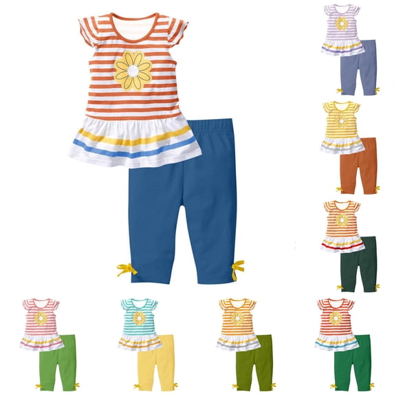 SGMVNU Girls 2 Piece Summer Outfits Floral and Striped Ruffle Hem Flutter Sleeve Top with Capri Pants Clothing Set, Size 9-10 Years, Blue