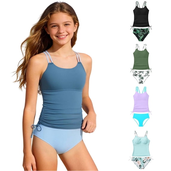 SGMVNU Girls 2 Piece Swimsuit Adjustable Double Strap Tankini Swimwear Set Beach Full Coverage Padded Bathing Suit, Size 15-16 Years, Blue