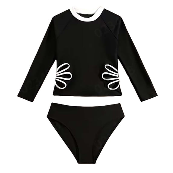 SGMVNU Girls 2 Piece Swimsuits Rash Guard Long Sleeve Ruffle Swim Top with Ruffle Shorts Cute Floral Bathing Suit for Age 12-13 Years, H1-Black