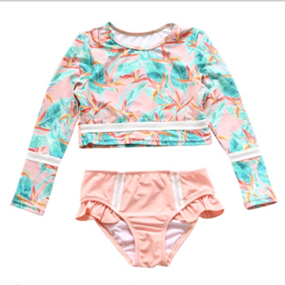 SGMVNU Girls 2 Piece Swimsuits Rash Guard Long Sleeve Ruffle Swim Top with Ruffle Shorts Cute Floral Bathing Suit for Age 3-4 Years, H2-Pink