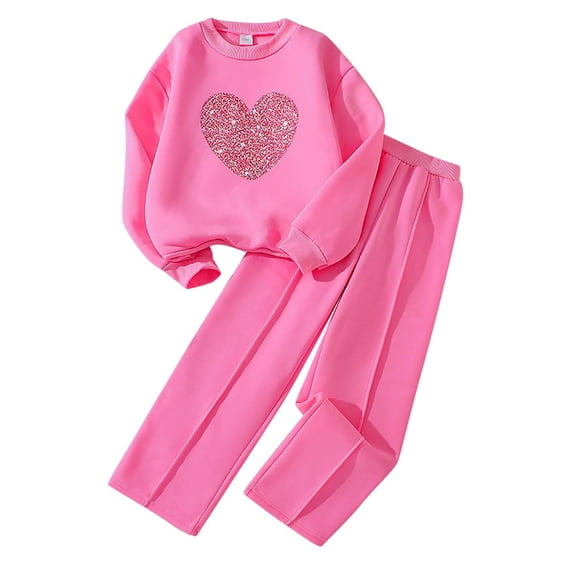 SGMVNU Girls 2 Pieces Athletic Sweatsuit Sequin Heart Pattern Casual Sweatshirts and Pants Long Sleeve Pullover Outfits Sets, Size 8-9 Years, Hot Pink-1