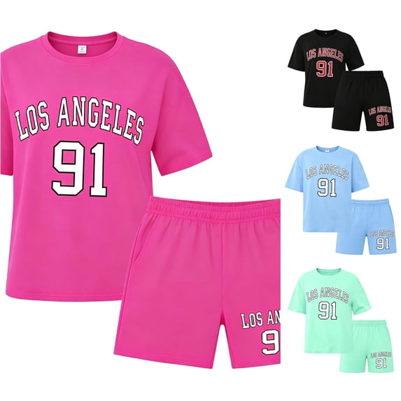 SGMVNU Girls 2Pcs Clothes Summer Outfits Graphic Letter Print Tee Shirt and Casual Biker Shorts Kids Streetwear Clothing Set, Size 9-10 Years, Hot Pink