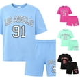 thumbnail image 1 of SGMVNU Girls 2Pcs Clothes Summer Outfits Graphic Letter Print Tee Shirt and Casual Biker Shorts Kids Streetwear Clothing Set, Size 9-10 Years, Sky Blue, 1 of 3