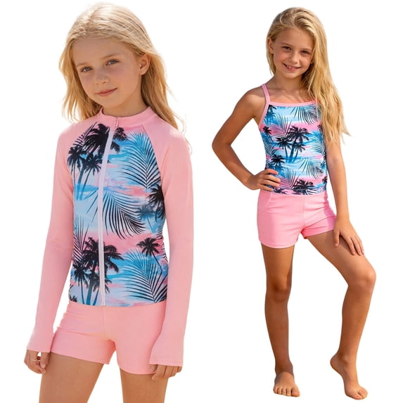 SGMVNU Girls 3 Piece Rash Guard Swimsuit Girl Size 10 Swimsuit Tankini Top and Boyshorts and Zip up Long Sleeve Swimwear, Size 8-10 Years, Pink