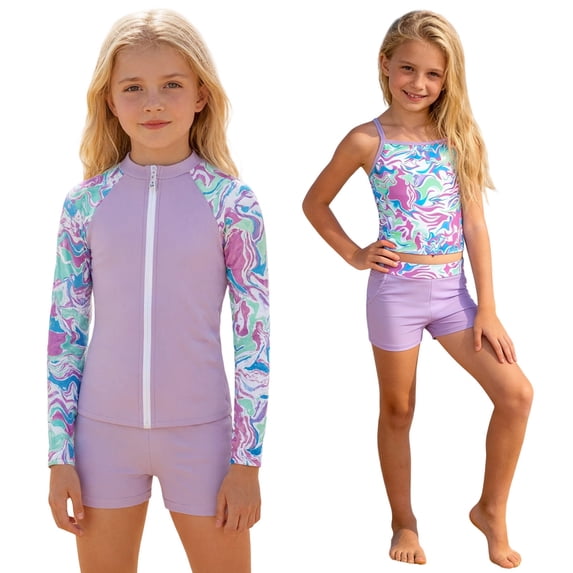 SGMVNU Girls 3 Piece Rash Guard Swimsuit Girl Swimwear 2t Tankini Top and Boyshorts and Zip up Long Sleeve Swimwear, Size 14-16 Years, Light Purple