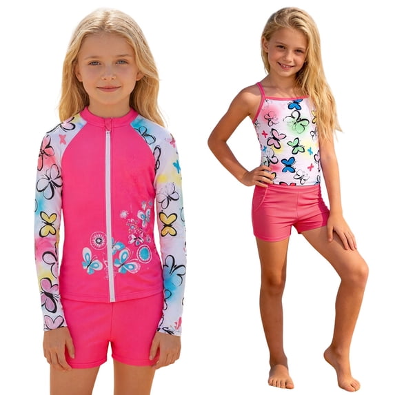 SGMVNU Girls 3 Piece Rash Guard Swimsuit Girls Swimsuits 14-16 Tankini Top and Boyshorts and Zip up Long Sleeve Swimwear, Size 8-10 Years, Hot Pink