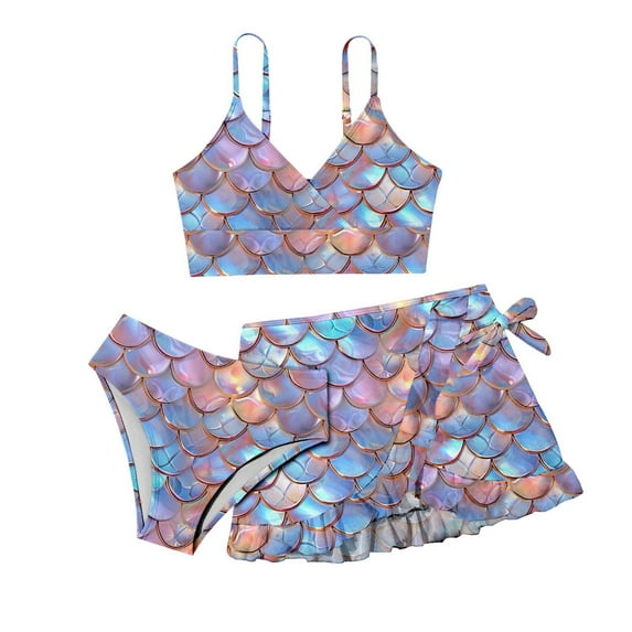 SGMVNU Girls' 3 Piece Swimsuit Set Girls Swimwear Size 14/16 Printed Bikini Swimsuit with Ruffle Beach Skirt Swimsuits Cover up Cute Bathing Suit, Size 15-16 Years, 2-Pink