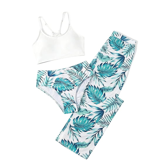 SGMVNU Girls 3 Piece Swimsuits, Bikini Set with Rash Guard Mesh Pants Beach Coverup, Kids Bathing Suit Summer Swimwear Size 10-11 Years 3-Mint Green