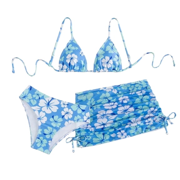 SGMVNU Girls 3 Piece Swimsuits Cute Bathing Suit Triangle Bikini Set with Beach Cover up Skirt Teen Kids Swimwear for Age 13-14 Years Kids, Sky Blue-C