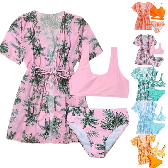 SGMVNU Girls 3 Piece Swimsuits with Mesh Kimono Cover Up, Floral Bikini Set Bathing Suit Summer Beach Swimwear Set, Size 11-12 Years, zt2-Pink