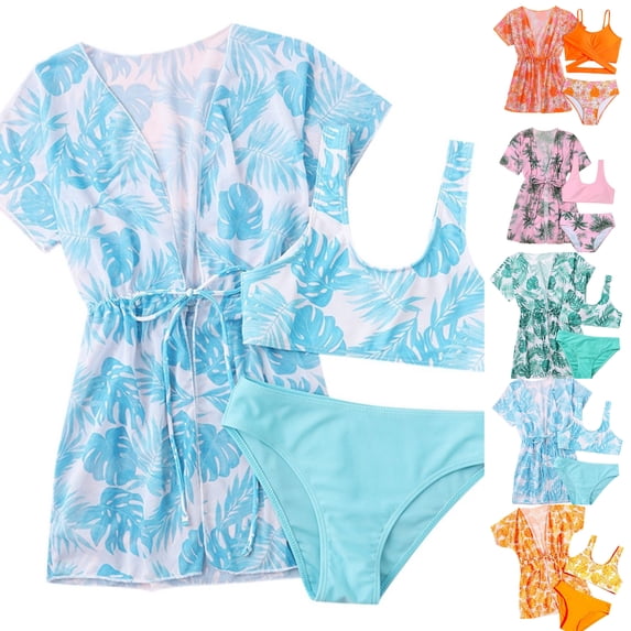SGMVNU Girls 3 Piece Swimsuits with Mesh Kimono Cover Up, Floral Bikini Set Bathing Suit Summer Beach Swimwear Set, Size 11-12 Years, zt3-Blue