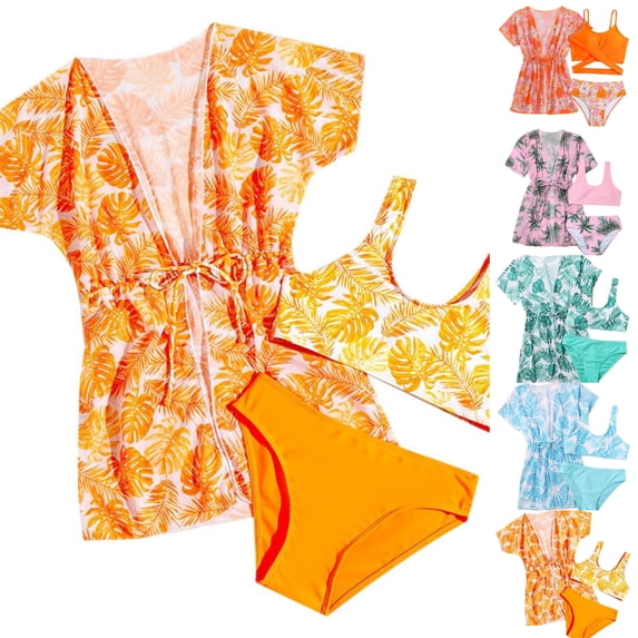 SGMVNU Girls 3 Piece Swimsuits with Mesh Kimono Cover Up, Floral Bikini Set Bathing Suit Summer Beach Swimwear Set, Size 9-10 Years, zt3-Orange