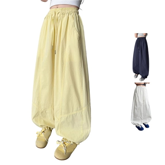 SGMVNU Girls Baggy Cargo Pants Casual Parachute Trousers Drawstring Lightweight Loose Sweat Pants with Pockets, Size 5-6 Years, Yellow