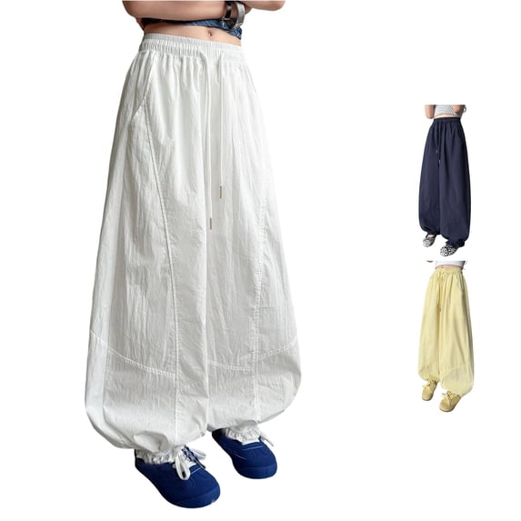 SGMVNU Girls Baggy Cargo Pants Casual Parachute Trousers Drawstring Lightweight Loose Sweat Pants with Pockets, Size 7-8 Years, White