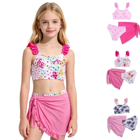 SGMVNU Girls Bikini Set with Swimsuit Coverups Skirt, 3 Piece Bathing Suit, Summer Beach Cute Swimwear Set, Size 7-8 Years, cl1-Hot Pink