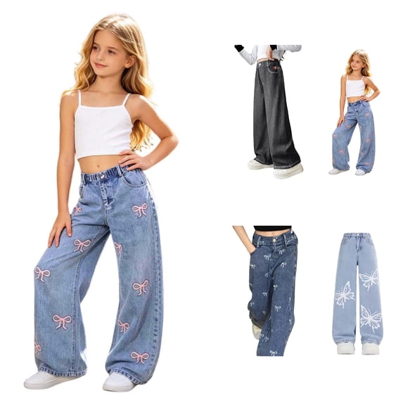 SGMVNU Girls Bow Printed Denim Pants Casual Loose Wide Leg Jeans Trousers Elastic Waist Kids Streetwear Preppy Wear, Size 11-12 Years, Blue#3