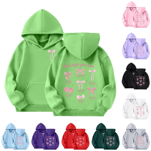 SGMVNU Girls Bow Printed Preppy Hoodie Tops Soft Loose Sweatshirts with Pockets Fashion Fall Winter Clothes for Kids, Size 5-6 Years, Green