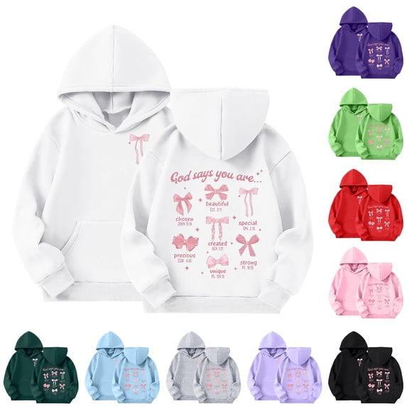 SGMVNU Girls Bow Printed Preppy Hoodie Tops Soft Loose Sweatshirts with Pockets Fashion Fall Winter Clothes for Kids, Size 9-10 Years, White
