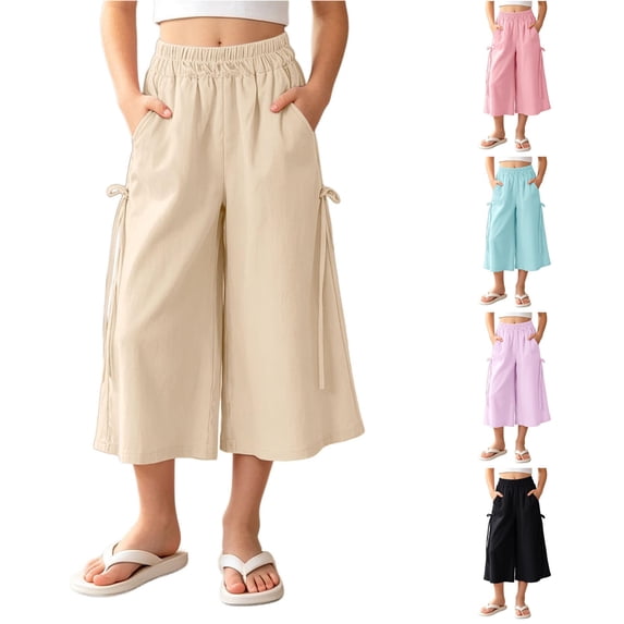 SGMVNU Girls Bowknot Capri Pants Lightweight Wide Leg Pants Summer Daily Wear Comfort Casual Trousers with Pockets, Size 5-6 Years, Beige