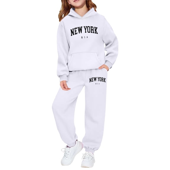SGMVNU Girls Boys 2 Piece Outfits Sweatsuit Graphic Print Long Sleeve Hoodie and Sweatpants Fall Winter Clothes, Size 2-3 Years, White