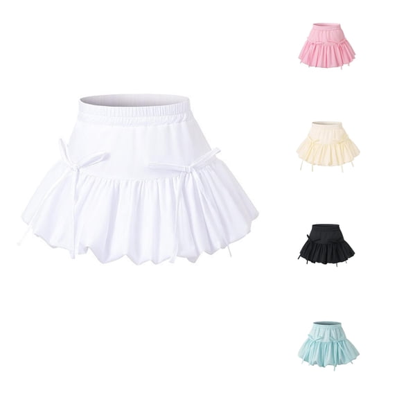 SGMVNU Girls' Bubble Puffy Skirt with Built in Shorts, Girl Bowknots Pleated Ruffle Mini Skirts Skorts for School, White, Size 4-5 Years