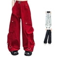 thumbnail image 1 of SGMVNU Girls' Cargo Pants Fashion Wide Leg Casual Baggy Pants Ajustable Drawstring Bottom Parachute Trousers Multi Pockets, Size 10-12 Years, Red, 1 of 6