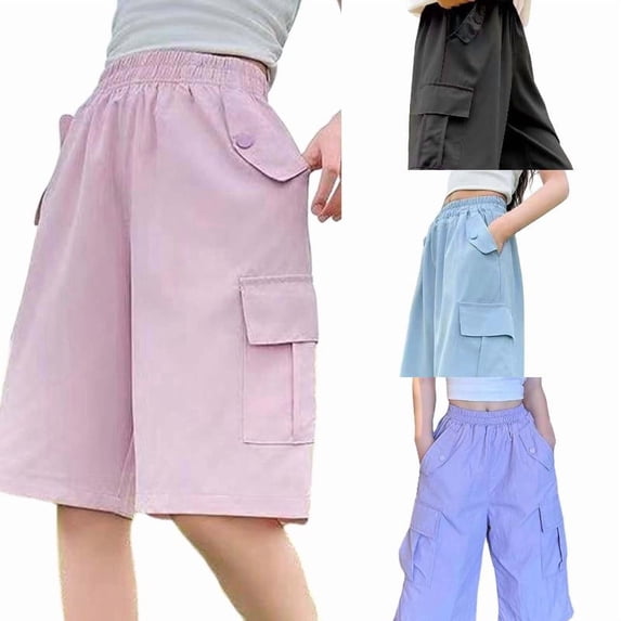 SGMVNU Girls' Cargo Shorts with Multi-Pockets Summer Casual Knee Length Shorts Kids Outdoor Hiking Lightweight Parachute Shorts, Size 12-13 Years, Pink