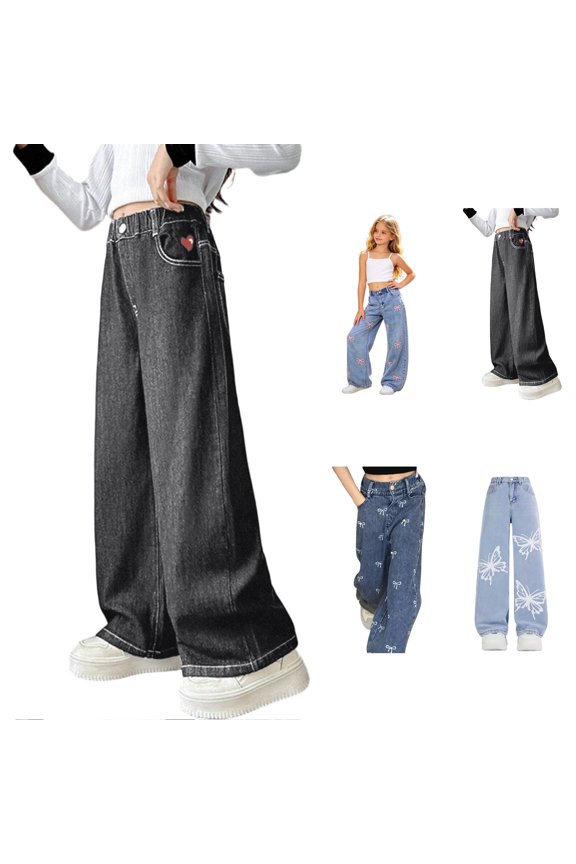 Girls' Casual Denim Pants Loose Fit Elastic Waist Fashion Wide Leg Jeans for Little and Girls Daily Wear, Size 10-12 Years, Black