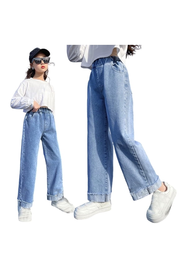 Girls Casual Jeans Elastic Waist Straight Leg Denim for Toddler Kids Spring Summer Everyday Wear Comfortable Loose Fit Kids Clothes(Size 5-6 Years,Light Blue)