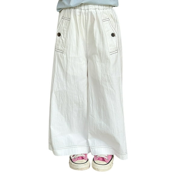 SGMVNU Girls Casual Pants Comfortable Washed Straight Leg Trousers For Everyday Wear Age 2-16 Years Versatile Spring Summer Fall Kids Clothes(Size 11-12 Years,White)