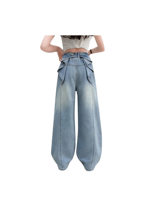 Girls Casual Pants Elastic Waist Wide Leg Straight Long Trousers with Bow Back for Spring Summer Daily Wear Age 8-14 Cute Pants for Girl(Size 9-10 Years,Blue)