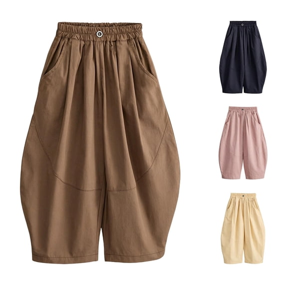 SGMVNU Girls Cotton Wide Leg Harem Pants Elastic Waist Baggy Palazzo Pants Casual Balloon Trousers with Pockets, Size 12-13 Years, Coffee