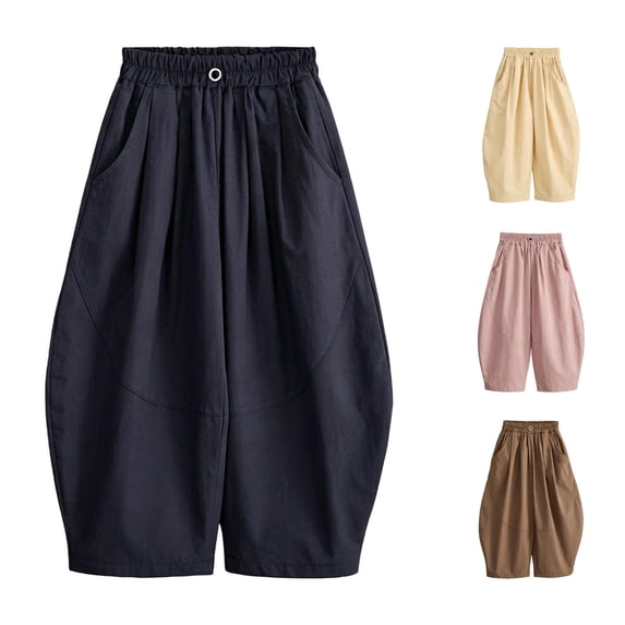 SGMVNU Girls Cotton Wide Leg Harem Pants Elastic Waist Baggy Palazzo Pants Casual Balloon Trousers with Pockets, Size 4-5 Years, Navy