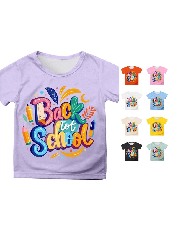 Girls Daily Wear T Shirts Short Sleeve Crewneck Printed Graphic Tee Tops Summer Back to School Clothes, Size 6-7 Years, Light Purple
