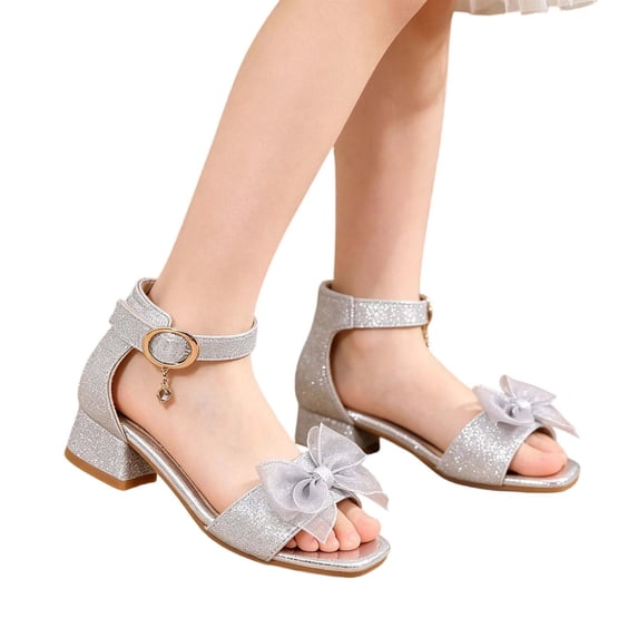 SGMVNU Girls Dance Dress Sandals Bowknot Square Open Toe Ankle Strap Low Heel Flower Girl Wedding Party Dress Shoes, Size 4.5-5 Years, Silver